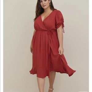 NWT Torrid Swiss Dot Burnt Orange Faux Wrap Dress V Neck Ruffle Trim Size 4X